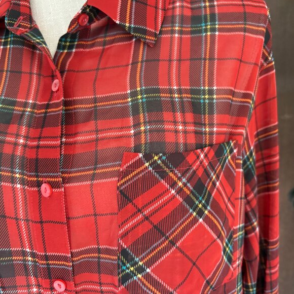 Decree Red Plaid Button Up Shirt Size Large Lightweight Long Sleeve Top - Picture 6 of 8